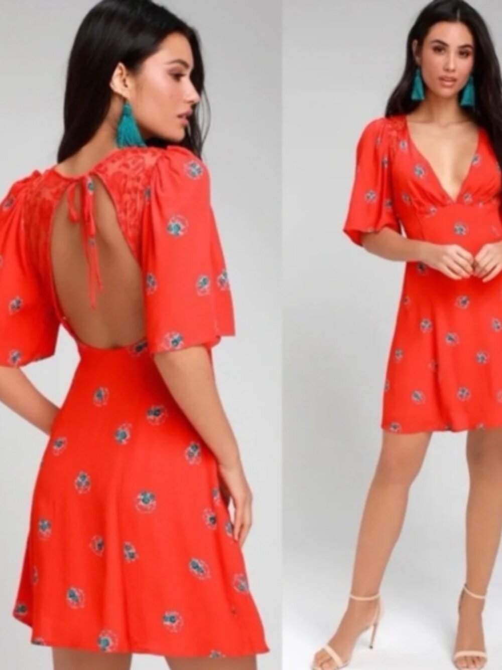 Free People Mockingbird Open Back Lace Mini Dress Red Floral Size 8